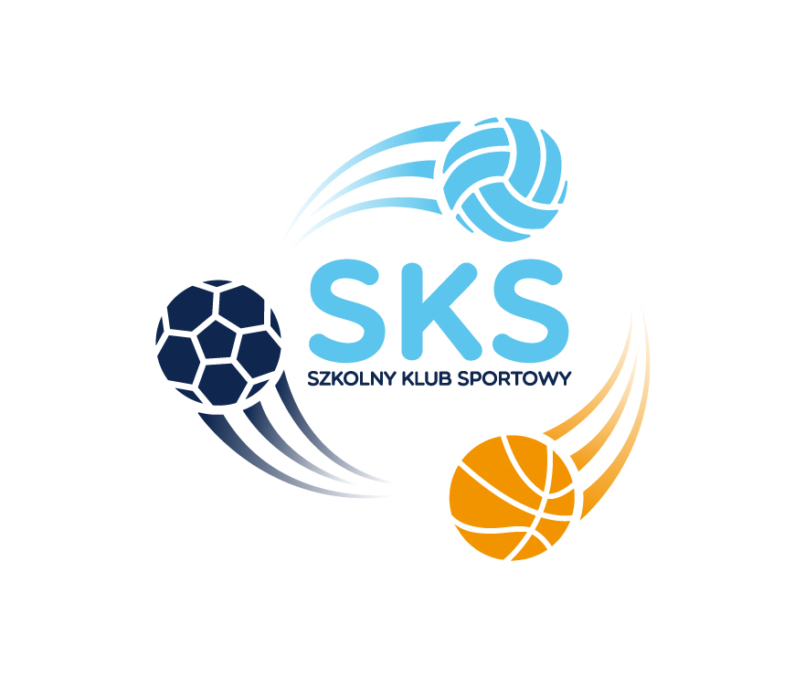 "Trzy piłki: do piłki nożnej (granatowa), siatkówki (niebieska) i koszykówki (pomarańczowa) wirujące na białym tle. W środku znajduje się napis SKS (niebieski) i Szkolny Klub Sportowy (granatowy)"
